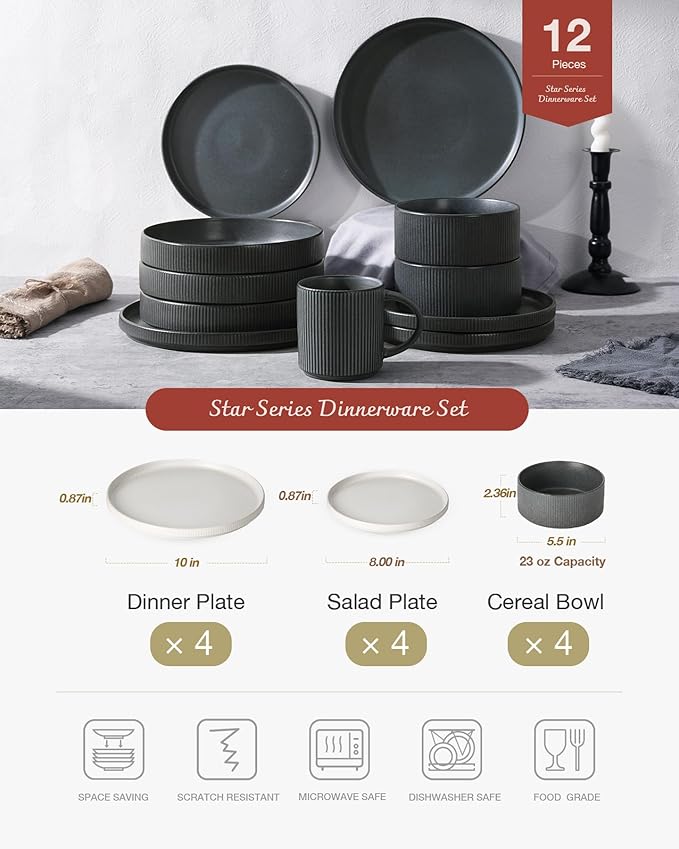 Famiware Star Dinnerware Set with Plates and Bowls Service for 4 (16-Piece) Stoneware Kitchen Dishes Dinner Sets - Matte White &amp Matte Dark Charcoal