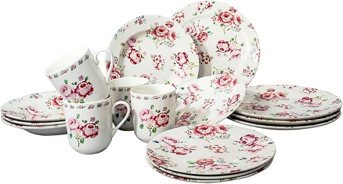 Tudor 16-Piece Premium Quality Round Porcelain Dinnerware Set Service for 4 - FRAGRANCE ROSE See 10 Designs INSIDE!