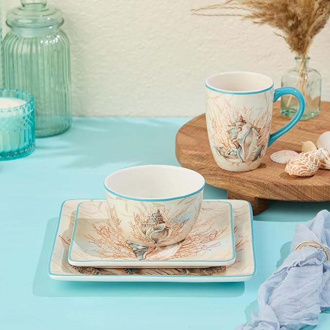 Escape to the Sea 16-Piece Dinnerware Set Coastal Shell &amp Coral Design Aquatic Hues Durable Ceramic Microwave &amp Dishwasher Safe Elegant Nautical Dining Décor