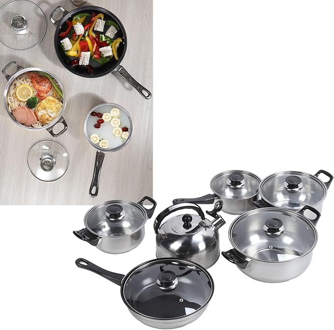 Kitchen Cookware SetKitchen Cooking Set Stainless Steel Pots Pans Set Includes Saucepan Stock Pot Non Stick Frying Pan Tea Kettle Plastic Black Handle
