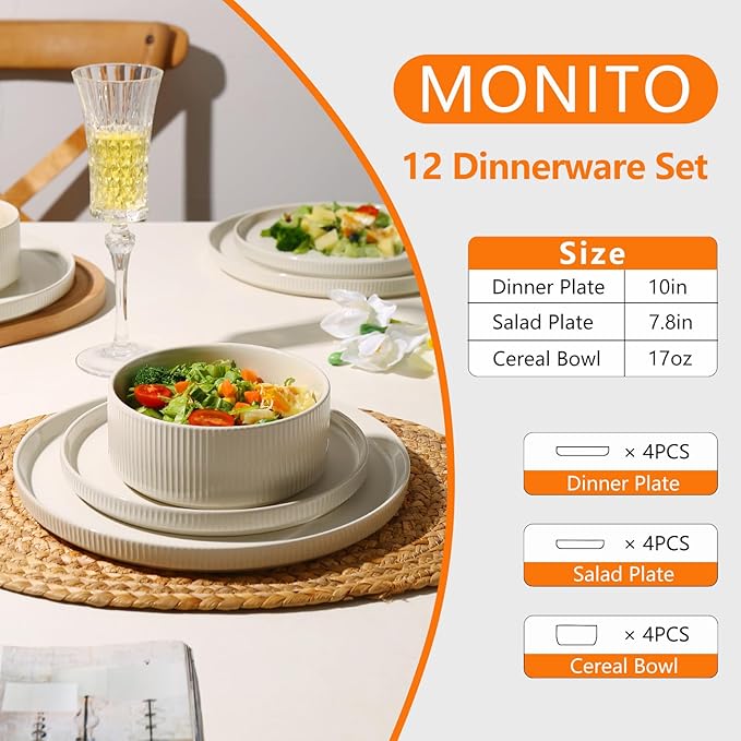 MONITO Ceramic Plates and Bowls Sets for 4 12PCS Stoneware Dinnerware Sets Reactive Glaze Dish Set Chip and Scratch Resistant Double Microwave and Dishwasher SafeWhite