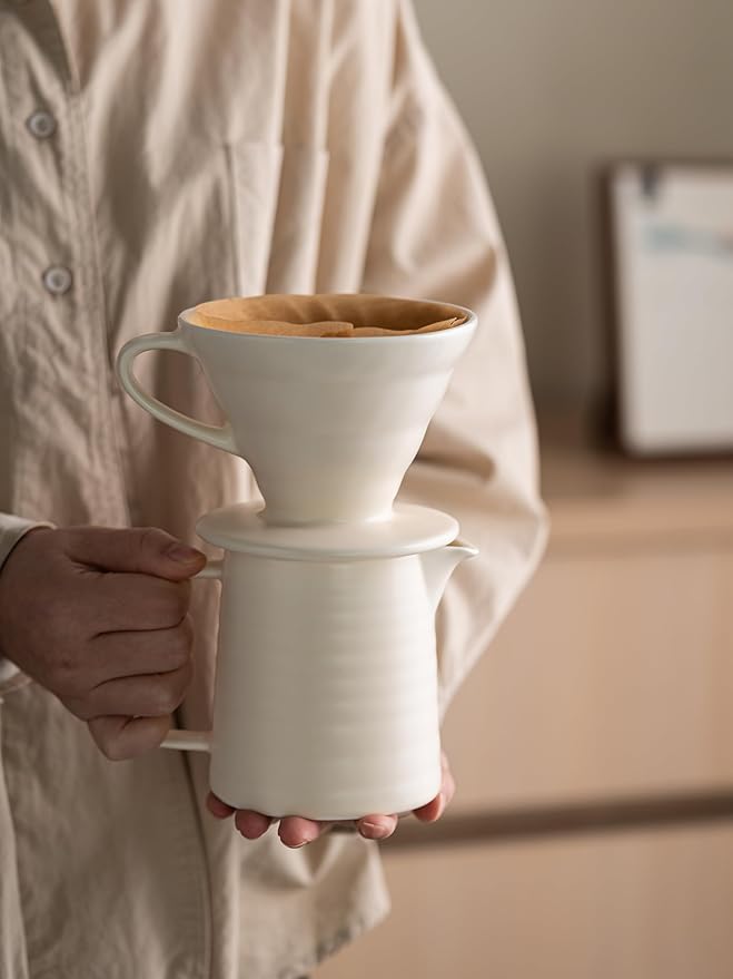Pour Over Coffee MakerCeramic Coffee Maker With 40 pcs Paper Filter15oz/450ml Pour Over Coffee Dripper (White V02)