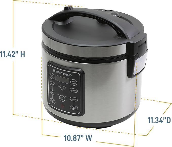 West Bend Rice &amp Grain Multi Cooker Programmable with 9 Preset Functions Features Delay Start and Keep Warm Functions and Steam Basket 20 Cups Cooked (10 cups uncooked) Stainless Steel