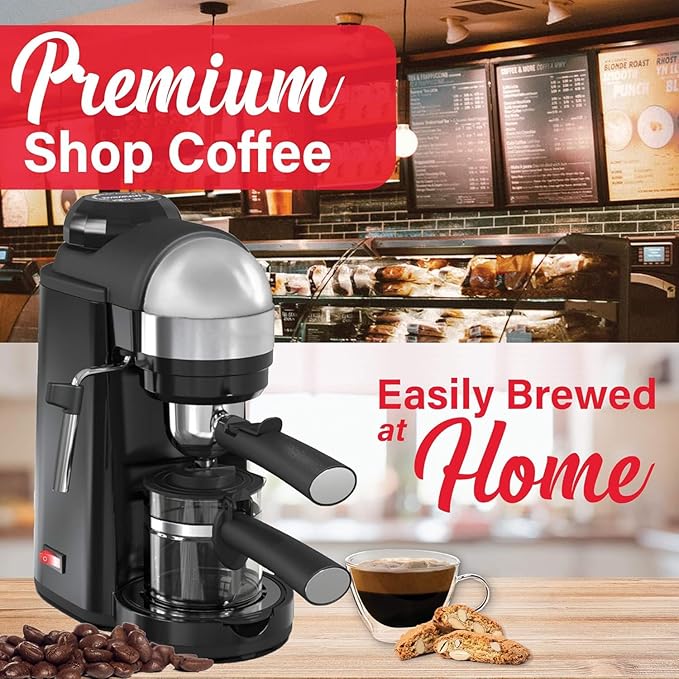 4 Cup Espresso and Cappuccino Maker with Steam Wand – Compact Coffee Machine with Milk Frother and Stainless Steel Filter Black
