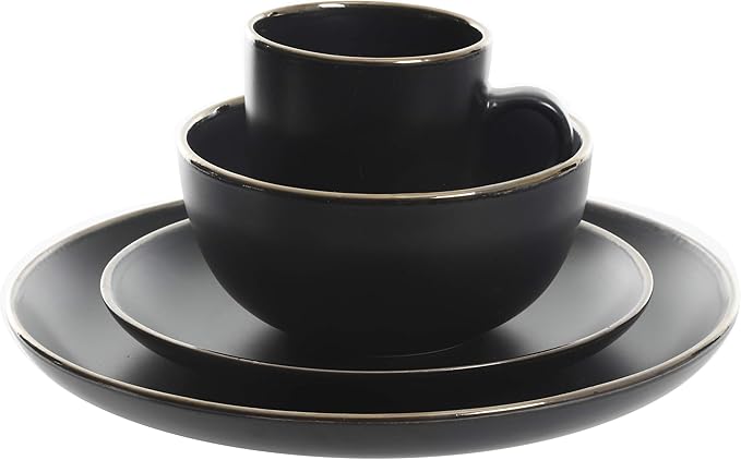 Gibson Home Rockaway 16-Piece Round Stoneware Dinnerware Set Service for 4 – Black with Gold Rim Plates and Bowls Microwave &amp Dishwasher Safe