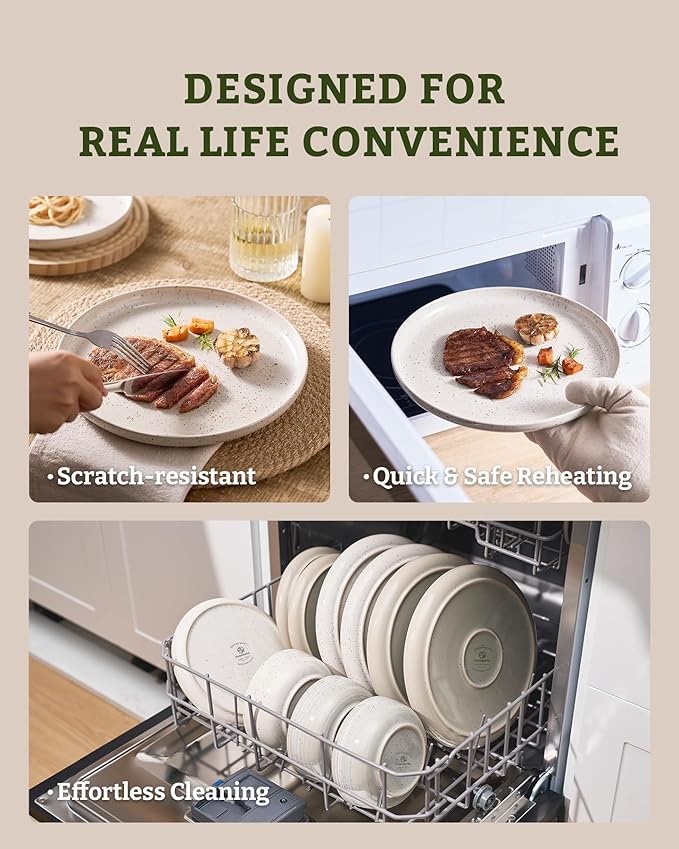 Famiware Meteor Plates and Bowls Sets 24-Piece Stoneware Dinnerware Sets Dishes Set for 8 Microwave and Dishwasher Safe Tableware Creamy White