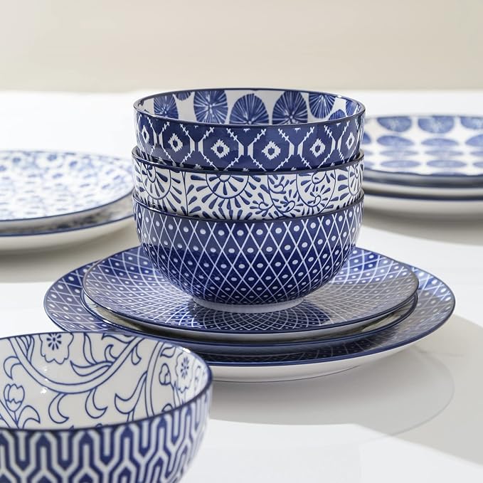 Selamica Ceramic Dinnerware Sets for 6 24 Piece Plates and Bowls Sets Scratch Resistant Dishes Set-Dishwasher &amp Microwave &amp Oven Safe Vintage Blue