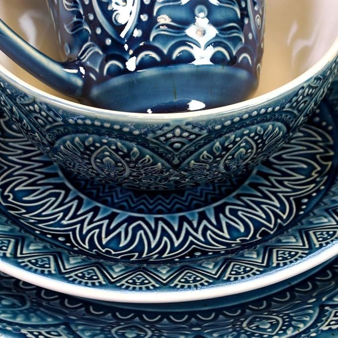 16 Piece Round Bohemian Textured Stoneware Dinnerware Sets Modern Microwave Dishwasher Safe Dark Blue Dish Set Break/Chip Resistant Durable Service for 4 Dinner/Salad Plates Bowls and Mugs