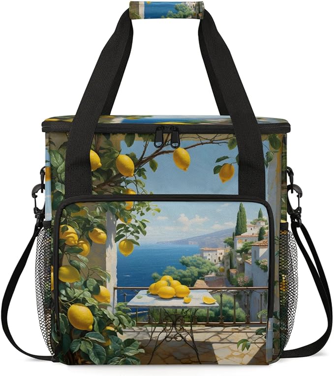 Sea House Lemon Coffee Maker Travel Bag for Keurig K-Mini/K-Mini Plus Insulated Waterproof Tote with Pockets for K-Cup Portable Single-Serve Brewer Case