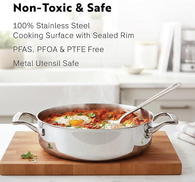 10-Piece Triply Stainless Steel Cookware Set - Fully Clad Pots and Pans Set with 8 Qt Pasta Pot Saute Saucepan Frying Pan - Non Toxic Cookware - Induction Dishwasher &amp Oven Safe