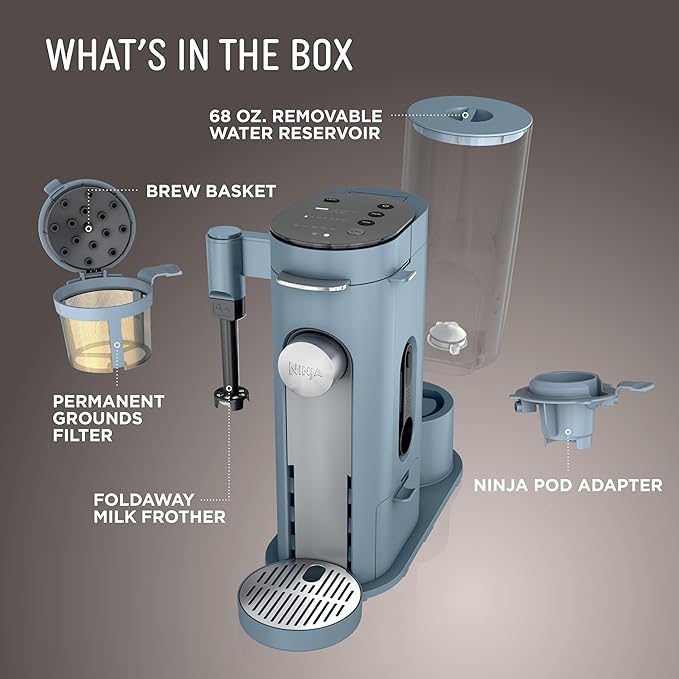 Ninja Pod &amp Grounds Specialty XL Single-Serve Coffee Maker K-Cup Pod Compatible Brews Grounds Compact Design Built-In Milk Frother 68-oz. Reservoir 6oz. Cup-24oz. Mug Sizes Denim Blue PB05