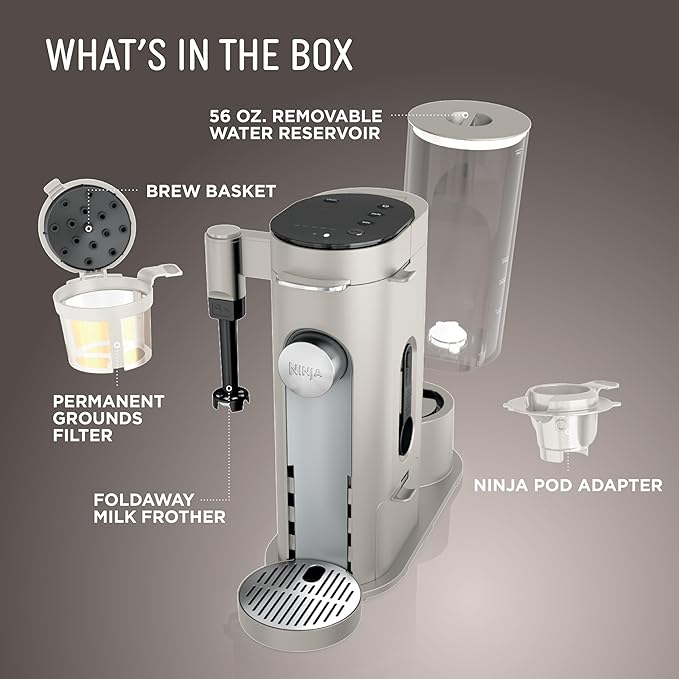 Ninja Pod &amp Grounds Specialty Single-Serve Coffee Maker K-Cup Pod Compatible Brews Grounds Compact Design Built-In Milk Frother 56-oz. Reservoir 6-oz. Cup to 24-oz. Mug Sizes Stone PB051ST