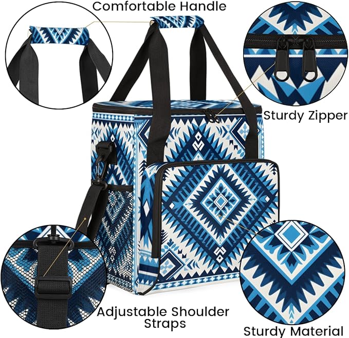 Blue Geometry Aztec Coffee Maker Carrying Bag Portable Travel Storage Tote Bag Compatible with K-Mini or K-Mini Plus Single Serve Coffee Brewer Carrying Case with Multiple Pockets &amp Shoulder Str