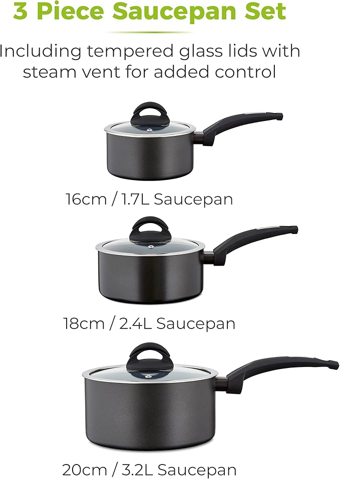 Tower Cerasure Non Stick Saucepans Sets With Lids Stay Cool Handles Graphite 3 Piece Set 16/18/20 cm