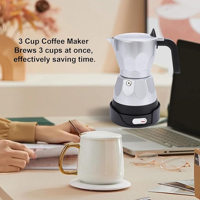 Coffee Pot Food Grade 3 Cup Capacity Aluminum Electric Coffee Maker with Transparent Top for Home Use (Silver)