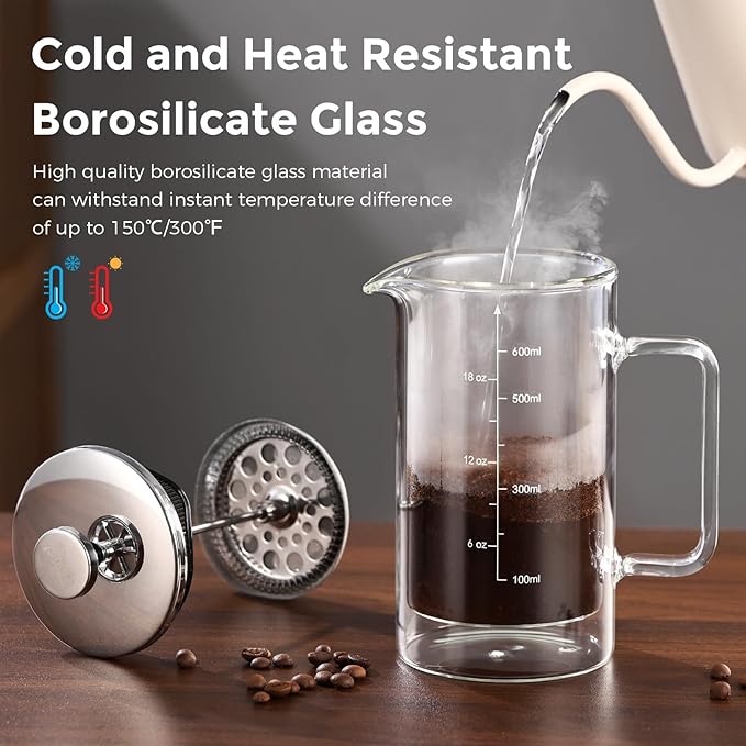 Bincoo French Press Coffee Maker 600MLDouble Wall Insulated Borolicate Glass French Press for Tea and Frothed Milk Press