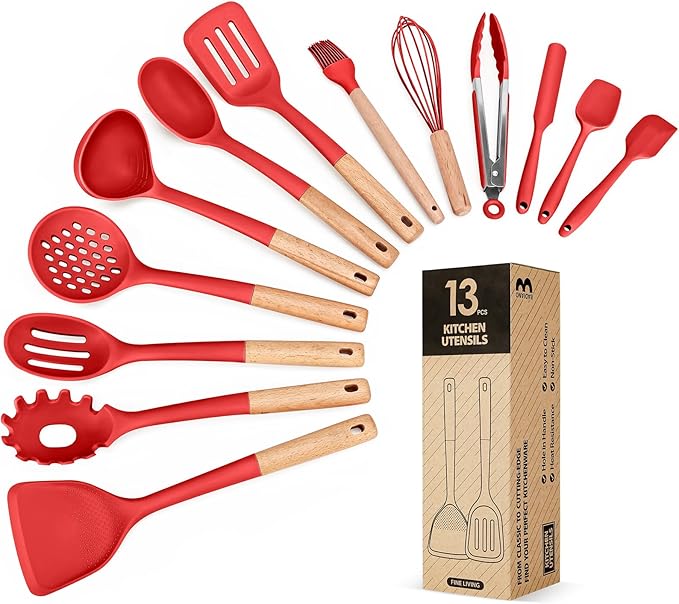 Kitchen Utensils Set 13PCS Silicone Cooking Utensils Heat Resistant Kitchen Utensil Spatula Set for Nonstick Cookware Wooden Handles Kitchen Gadgets Tools Set (RED)