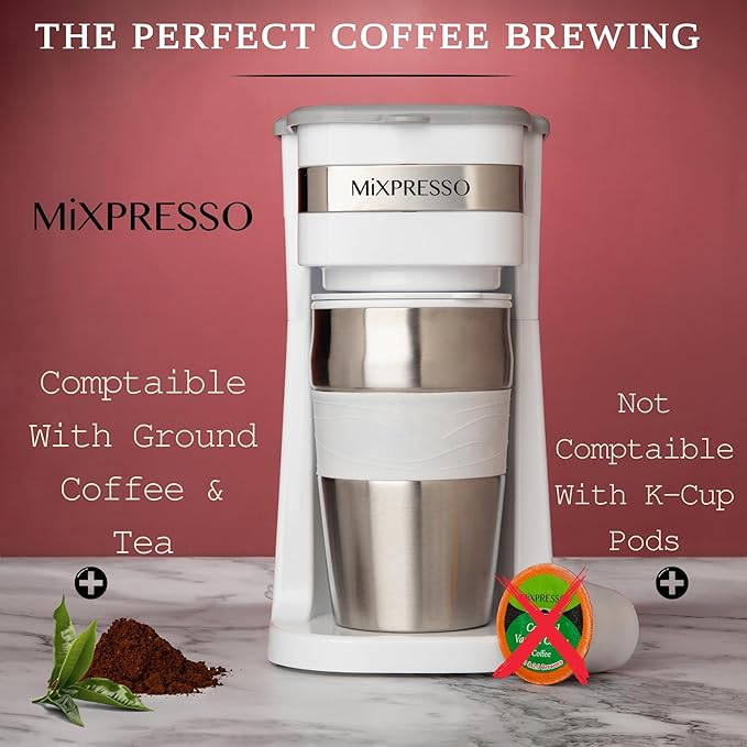 Mixpresso White Personal Single Serve Coffee Maker with 14oz Travel Mug Drip Small Coffee Maker with Auto Shut Off Reusable Filter Works with Ground Coffee Only – Not for K-Cup Pods