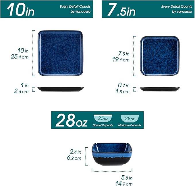 vancasso Stern Blue Dinner Set Square Reactive Glaze Tableware 12 Pieces Kitchen Dinnerware Stoneware Crockery Set with Dinner Plate Dessert Plate Bowl Service for 4