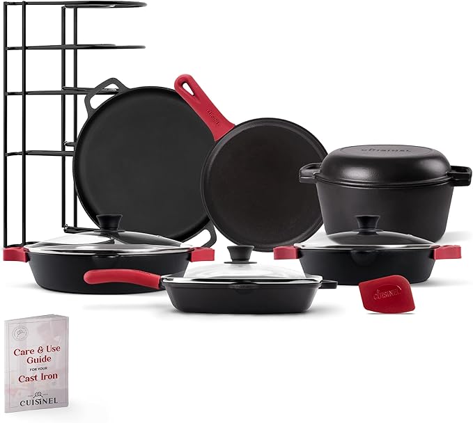 Cuisinel Cast Iron 18-Piece Preseasoned Cookware Set: 10+12 Skillets w/Lids + 5-Qt Dutch Oven + 10.5 Square Grill Pan w/Lid + Pizza Pan + Round Griddle + 15 Organizer +Scraper + Silicone Handle