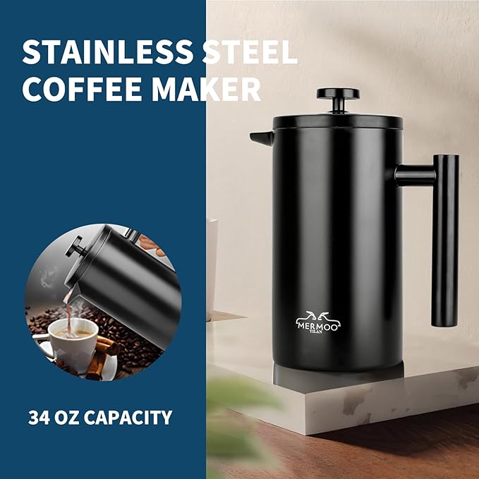 MERMOO YILAN French Press 34oz Insulated Stainless Steel Coffee Maker Unbreakable Coffee Press Easy to Clean for Home Camping Travel (Black)