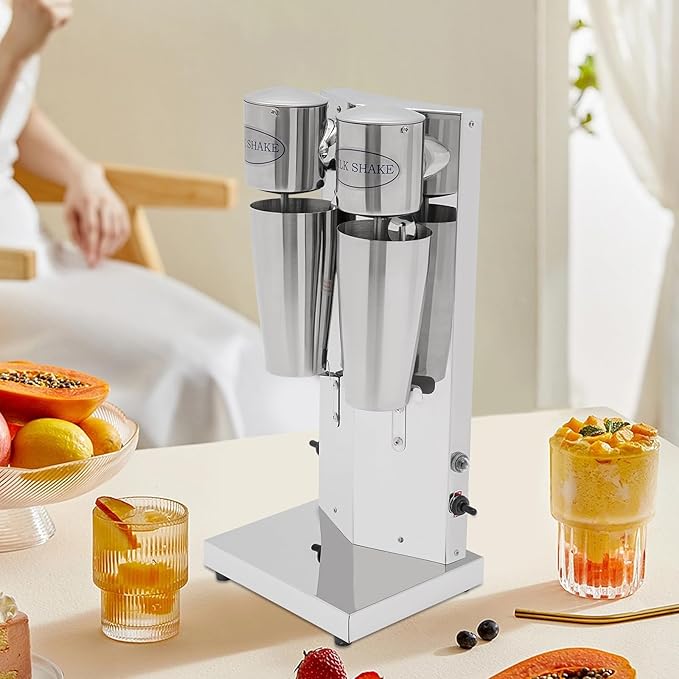 Electric Milkshake Maker Commercial Stainless Steel Milk Shake Machine Drink Mixer Adjustable Speed Malt Maker Machine Smoothie Milk Foam Tea Mixer Blender + cups (2 Head)