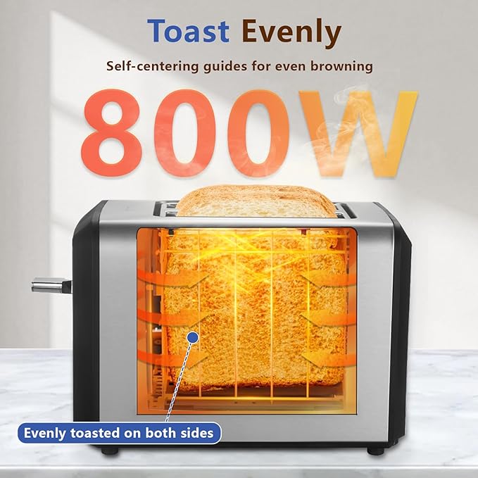 2 Slice Touch Screen Toaster 1.3 Wide Slots Smart Digital Display Toaster with 6 Browning Levels &amp 6 Bread Types Memory Defrost Reheat Stainless Steel 800W