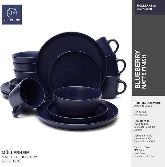 MÜLLERHEIM 903 Minimalist Collection 16-Piece Contemporary Ceramic Stoneware Dinnerware Sets for 4 Blueberry Plates and Bowls sets Dinner Plates Set Salad Dish Set Bowls Cup