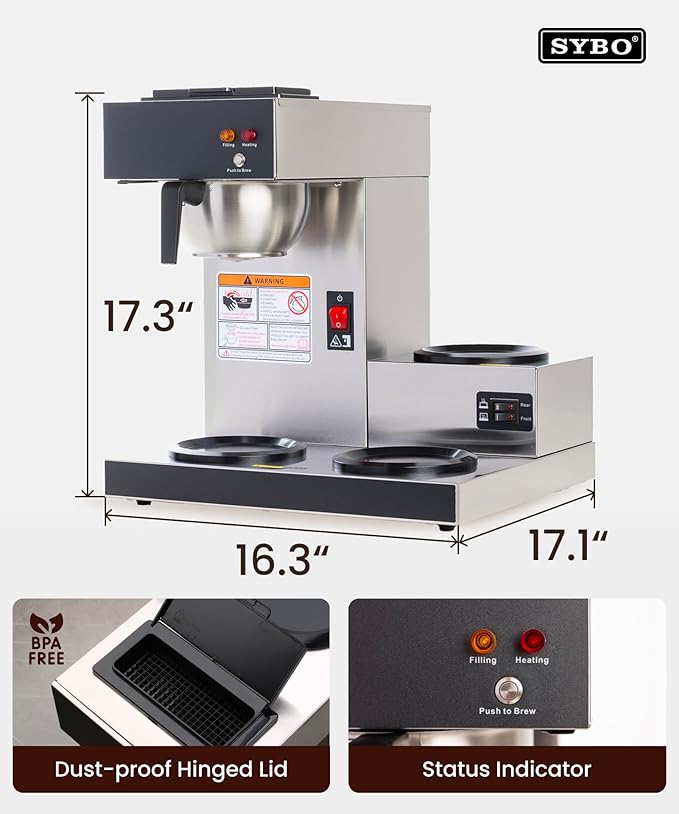 SYBO Commercial Coffee Maker 12 Cup Pour Over Drip Coffee Maker Brewer with 3 Lower Warmers Stainless Steel Cafetera