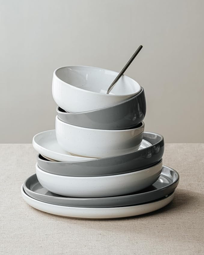 Famiware Milkyway Plates and Bowls Sets 12 Pieces Stoneware Dinnerware Sets Dishes Set for 4 White &amp Dark Gray