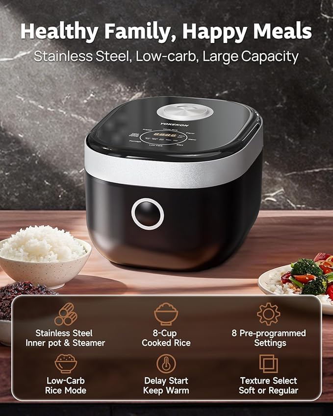 YOKEKON Rice Cooker Stainless Steel Inner Pot PFAS-Free Dishwasher Safe Low Carb &amp Low Sugar Large Rice Cookers 8 Cup with Steamer Basket 24H Delay Timer and Auto Keep Warm FeatureBlack