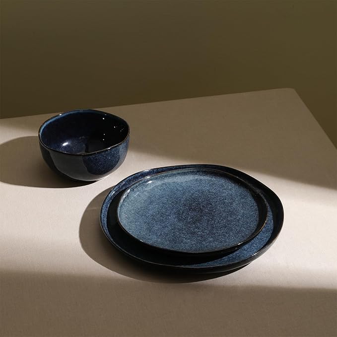 Stone Lain Mirella 24-Piece Stoneware Dinnerware Set Service for 8 – Reactive Glaze Deep Blue – Includes Dinner Plates Salad Plates and Bowls – Modern Organic Design