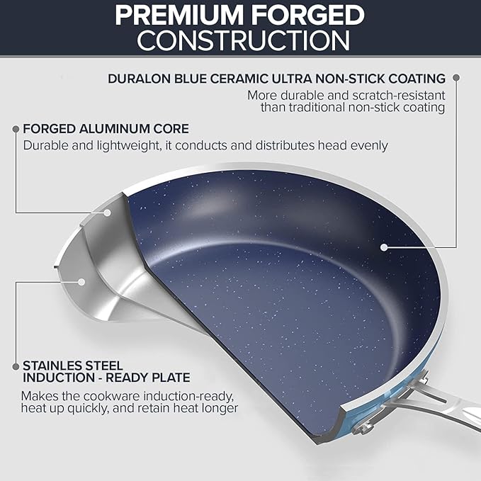 Nuwave 7pc Cookware Set Healthy Duralon Blue Ceramic Nonstick Coated Diamond Infused Scratch-Resistant PFAS Free Oven Safe Induction Ready &amp Evenly Heats Tempered Glass Lids &amp Stay-Cool H