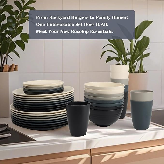 40 PCS Wheat Straw Dinnerware Set | Unbreakable Dishes Set for 8 - Alternative to Plastic Plates and Bowls Sets Cereal Bowl Water Cups Dishwasher &amp Microwave Safe Bowls for Kitchen - Dark
