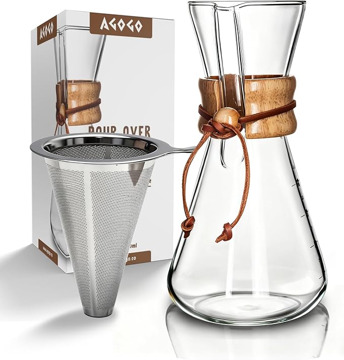 AGOGO Pour Over Coffee Maker Glass - 6 Cup Barista Kit with 304 Stainless Filter for Home Office Camping Cafes - Easy Clean Coffee Dripper Set (Soft Towel&ampBrush) (6 Cup/20 oz)