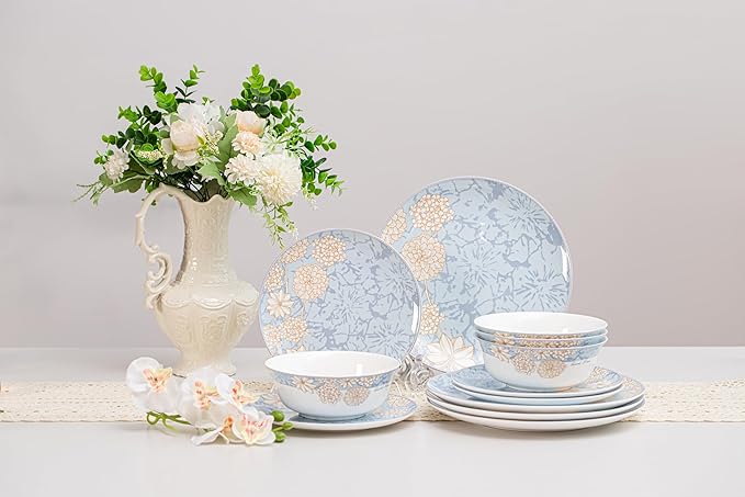 High Bone China Dinnerware Set 12-Piece Artistic Blue Plates and Bowls Lightweight &amp Chip Resistant Ceramic Service for 4 Dishwasher Safe Elegant Kitchen Dining