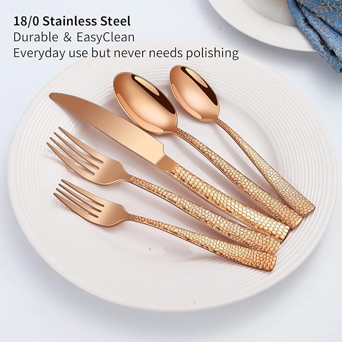 20-Piece Rose Gold Hammered Stainless Steel Flatware Set for 4 Including Fork Knife Spoon Set Home Kitchen Cutlery Sets Dishwasher Safe