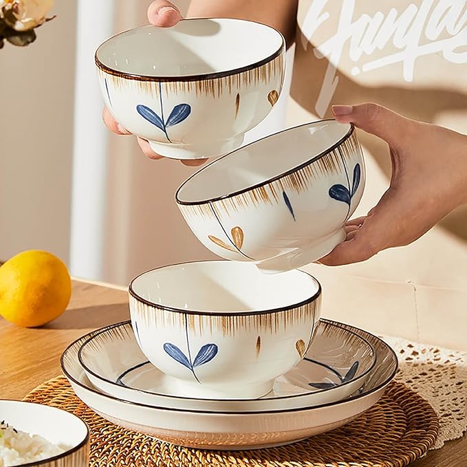 63 Pieces Dish Plates and Bowls Sets Literary Retro Style Dinner Set Thick and Anti-Scald Dish Sets Easy to Clean Dinnerware Sets Easy to Heat Microwave and Oven Safe Service for 12 People