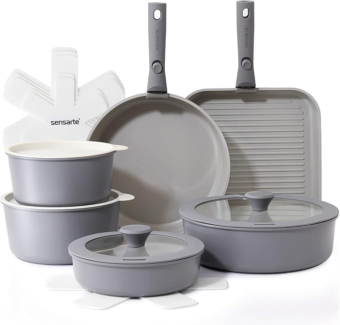 SENSARTE 17 Piece Ceramic Pots and Pans Set Nonstick Detachable Handle Cookware Induction Kitchen Cookware Set with Removable Handle Dishwasher ＆ Oven Safe (Gray)