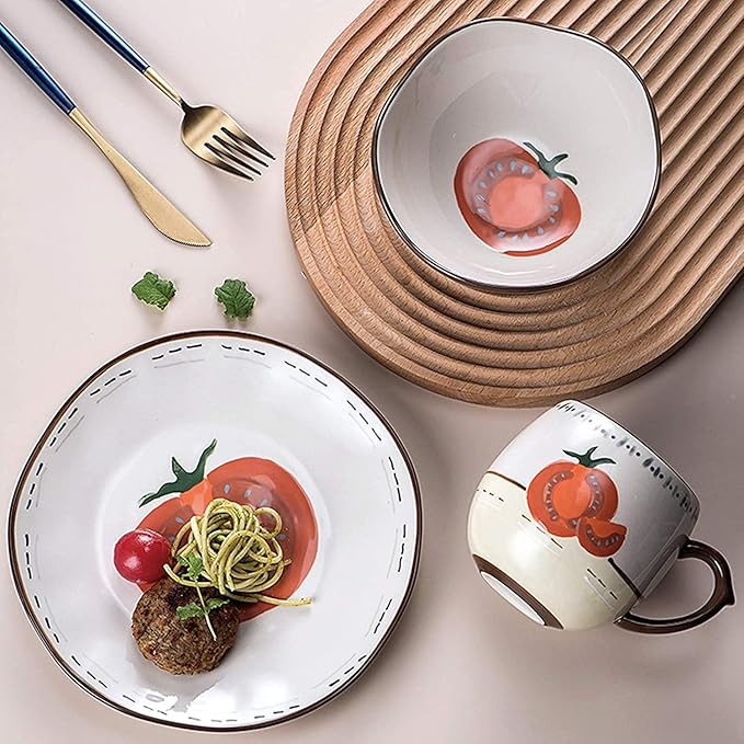 Dinnerware Sets - Luxury Gift Dishes Service Set Ceramics Dinner Sets 20 Pieces Hand Drawn Vegetable Pattern Porcelain Dinnerware Set | Mug Cereal Bowl and Steak Plate