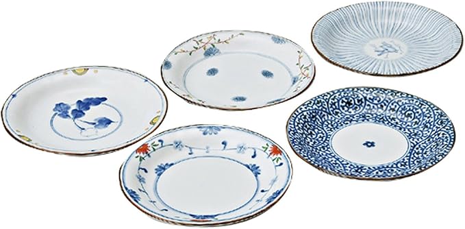 Saikai Pottery 31989 Hasami Ware Scissors Dish Set of 5 Patterns Dyed Nishiki Picture Change Diameter 6.3 inches (16 cm) Soy Sauce Plate Gift Birthday Scissors Dishware Stylish Microwave and
