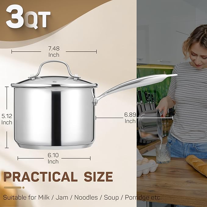 11PC Stainless Steel Cookware Set &amp 3 QT Saucepan (Glass Lid)