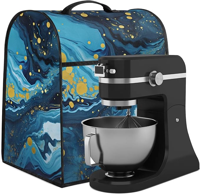Kitchen Aid Mixer Cover Blue Marble Gold Stand Mixer Cover Compatible with 6-8 Quarts Stand Mixers Dust Covers with Zipper Pocket Foldable Washable Kitchen Aid Organizer Bag
