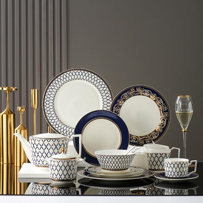 European Style Dinnerware Set Service for 6 Bone China Dinnerware Sets Unbreakable Porcelain Dinner Sets Coffee Cup and Saucer Tableware Set Steak Dinner Plates Dish Set blue-001