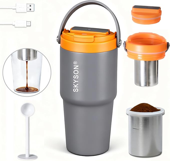 Portable Coffee Maker Mug for TravelMini Espresso Coffee Machine20 oz Thermos Cup with Lid Fast Extraction Electric Filter BrewerInsulated Stainless Steel Tumbler (Grey)