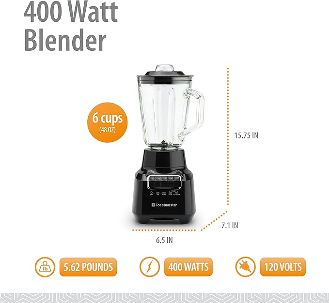 Toastmaster 400 Watt Blender with 48 oz Glass Jar - For Fruit Smoothies Shakes &amp More - Powerful Kitchen Blender with Multiple Speeds - Stainless Steel Blades