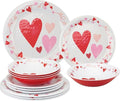UPware 12 Piece Love Hearts Melamine Dinnerware Sets Outdoor Dishes Set Plates and Bowls Sets Valentine's Day Decorations Service for 4 Red