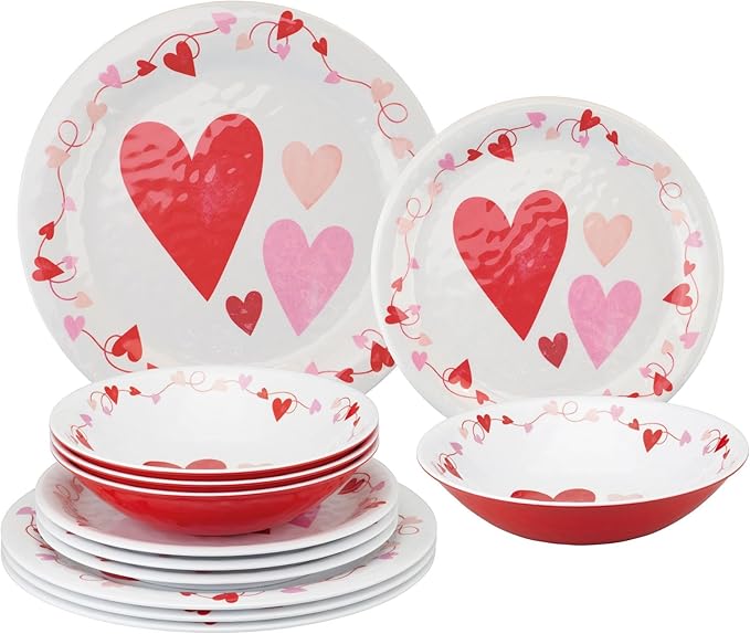 UPware 12 Piece Love Hearts Melamine Dinnerware Sets Outdoor Dishes Set Plates and Bowls Sets Valentine's Day Decorations Service for 4 Red
