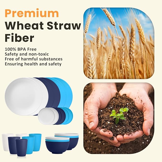 Homienly 24 PCS Wheat Straw Dinnerware Set for 6 Dinner PlatesDessert PlatesCereal BowlsDrinking CupsUnbreakable Dishwasher and Microwave Safe Dish Sets for KitchenOutdoor - Island Series