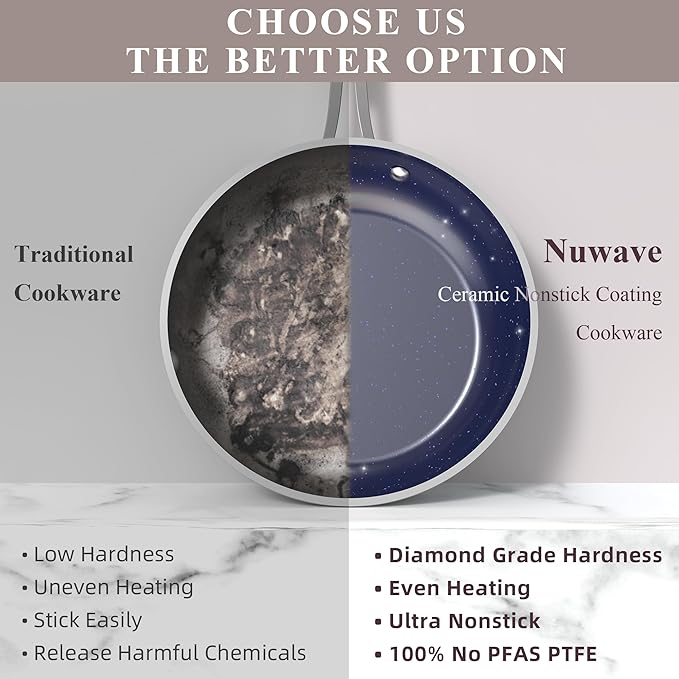 Healthy Duralon Blue Ceramic Nonstick Cookware Set Diamond Infused Scratch-Resistant PFAS Free Dishwasher &amp Oven Safe Induction Ready &amp Evenly Heats Tempered Glass Lids &amp Stay-Cool Ha